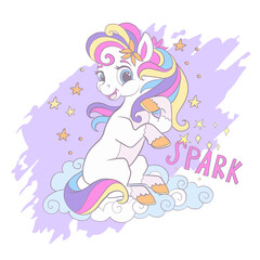 Cute pony with cloud and stars card vector illustration