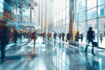  A blurry background of people walking in an office building with glass windows