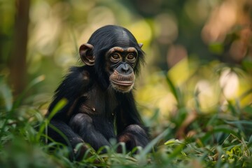 Full body view of Bonobo in natural habitat, full body shot, full body View