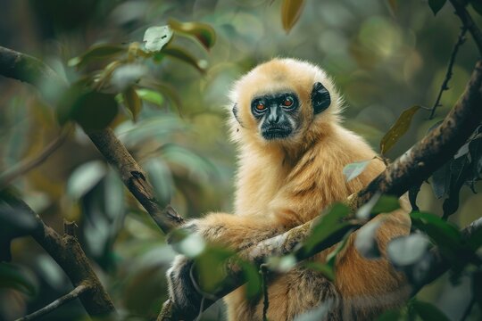 Full body view of Eastern Crested Gibbon in natural habitat, full body shot, full body View