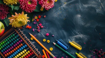 Colorful chrysanthemums abacus notebooks pencil case apple on dark background with space for text Teachers Day theme