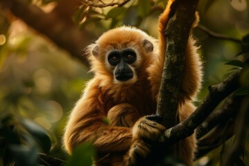 Fototapeta premium Full body view of Southern Hoolock Gibbon in natural habitat, full body shot, full body View