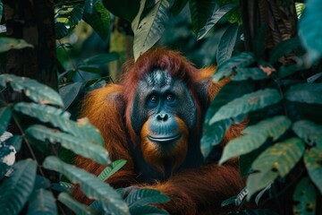 Fototapeta premium Full body view of Sumatran Orangutan in natural habitat, full body shot, full body View