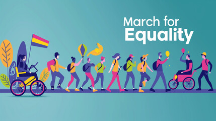 A poster showcasing a disability pride march with the text "March for Equality" with copy space