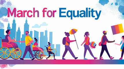A poster showcasing a disability pride march with the text "March for Equality" with copy space