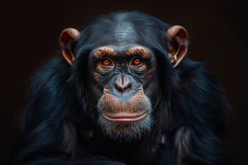 Fototapeta premium Mystic portrait of Common Chimpanzee, full body view, isolated on black background