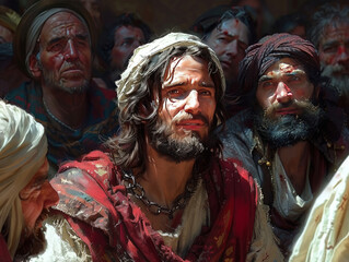 Obraz premium A painting of Jesus and three men.