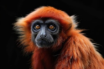 Fototapeta premium Mystic portrait of Eastern Hoolock Gibbon, full body view, isolated on black background