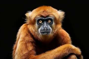 Fototapeta premium Mystic portrait of Eastern Hoolock Gibbon, full body view, isolated on black background