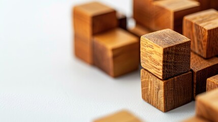 Wooden cube puzzle blocks on white background close up shot with blurred effect and empty space
