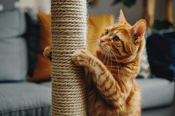 ginger cat hug the rope pole