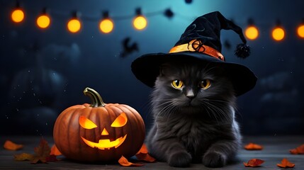 Cute black cat with a witch's hat next to a Halloween Jack o lantern pumpkin Dark Halloween background Generative ai