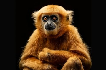 Obraz premium Mystic portrait of Southern Yellow-cheeked Gibbon, full body view, isolated on black background