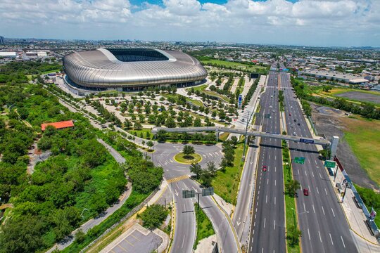 Aerial view of BBVA stadium, home of the Monterrey Football Club.First Division of Mexico or Rayados de Monterrey in the municipality of Guadalupe, Nuevo Le&oacute;n Mexico world cup