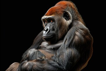 Obraz premium Mystic portrait of Western Lowland Gorilla, full body view, isolated on black background