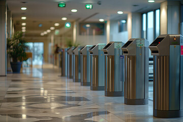 A Serene Row of Automated Access Control Turnstiles in a Modern Office Building