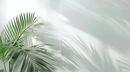 Fototapeta premium White Ribbed Background. Green palm with reeded glass. Interior design space. Clean realistic vanity. Blank wall with copy space.
