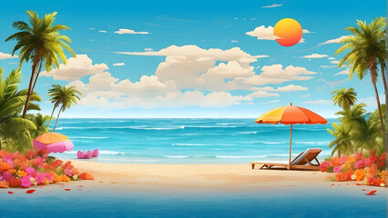 Tropical beach scene with palm trees and sun