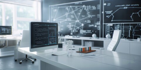 Futuristic mathematics lab with technology silhouettes, high-detail photo-realism, innovative computational equipment, seamless mathematical operations