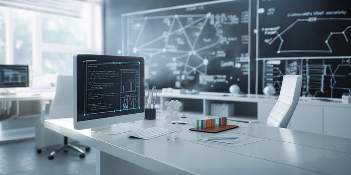 Futuristic mathematics lab with technology silhouettes, high-detail photo-realism, innovative computational equipment, seamless mathematical operations