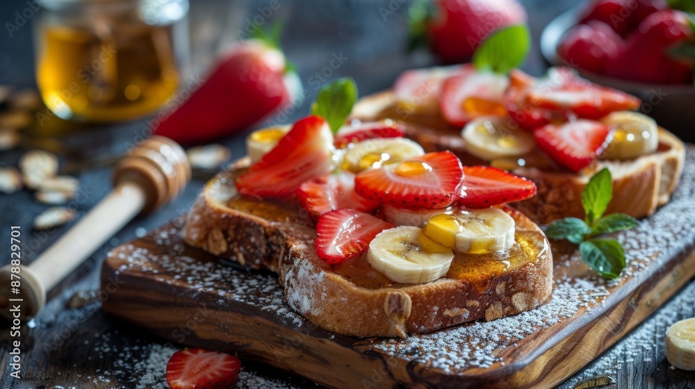 Sticker delicious breakfast toasts with fresh strawberries, bananas, and honey on a rustic wooden table a simple and tasty morning meal idea