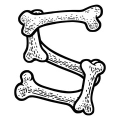 letter S made of bones sketch engraving PNG illustration. Bones font. T-shirt apparel print design. Scratch board imitation. Black and white hand drawn image.