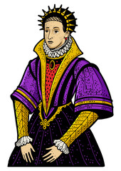medieval queen in a dress with a huge collar color sketch engraving PNG illustration. T-shirt apparel print design. Scratch board imitation. Black and white hand drawn image.