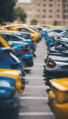 A row of cars are parked in a lot with some being yellow and others being blue The cars are all line