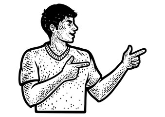 Winning man is happy and points fingers sketch engraving PNG illustration. T-shirt apparel print design. Scratch board imitation. Black and white hand drawn image.