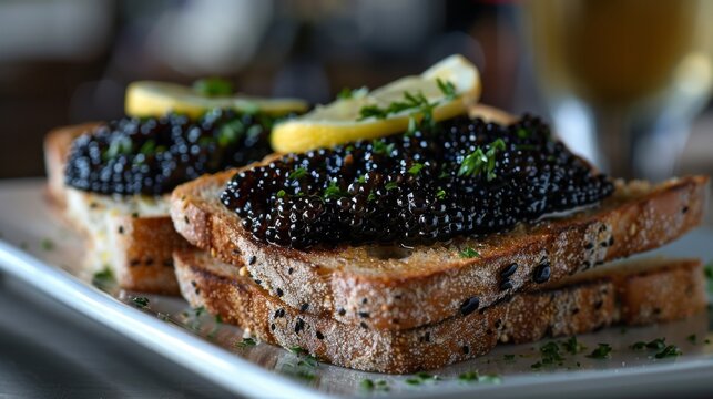luxurious sandwich options, luscious black caviar sandwich with a touch of zesty lemon, offering a delightful blend of tastes