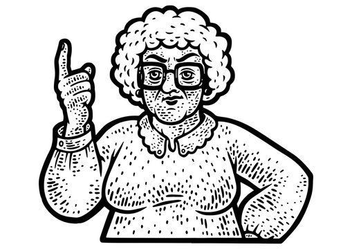 recommend clip art: Old granny shaking her finger sketch engraving PNG illustration. T-shirt apparel print design. Scratch board imitation. Black and white hand drawn image.