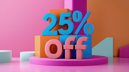 Volumetric text "25% off" on a colorful background. Sales concept