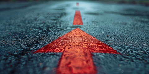 Close-up of a red arrow painted on a wet road, symbolizing direction, movement, and determination despite challenging conditions.