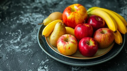 fruit platter artwork, artfully arranged plate of seasonal fruits like apples, pears, and bananas a delightful and nutritious treat with room for text or designs in the background
