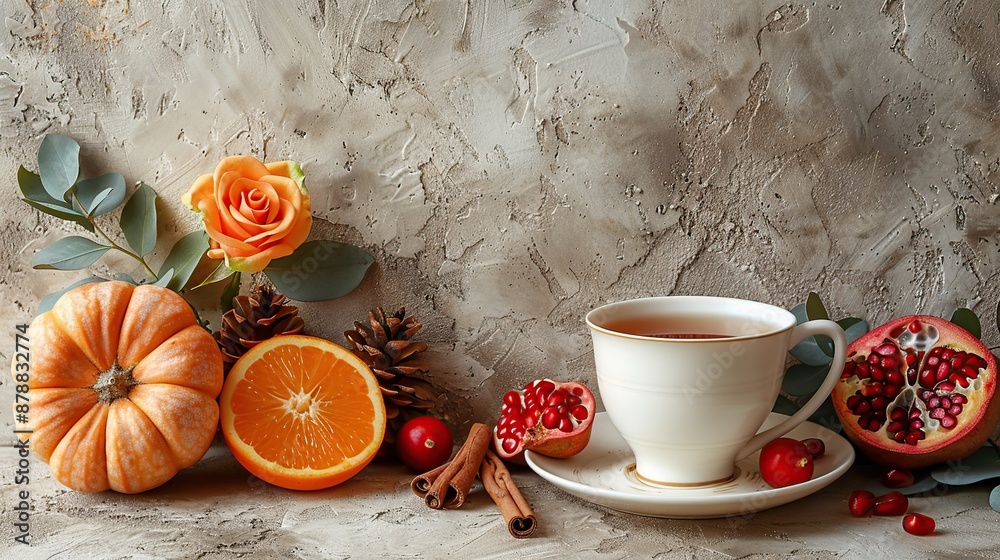 Wall mural autumn still life with tea and fruits