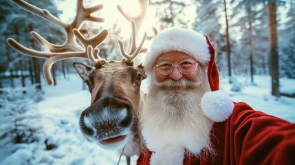 Merry Santa Claus taking selfie with a reindeer in a snowy forest. Christmas and New Year concept