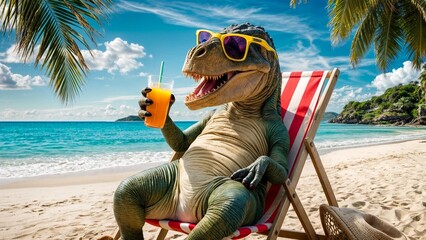 Fototapeta premium A dinosaur wearing sunglasses sits in a beach chair with a drink in his hand 