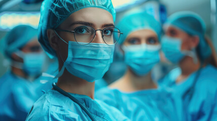 Focused medical team in surgical scrubs and masks, highlighting dedication and precision in a modern operating room environment.