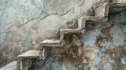 Long winding crack on aged wall with stairs blank area focused