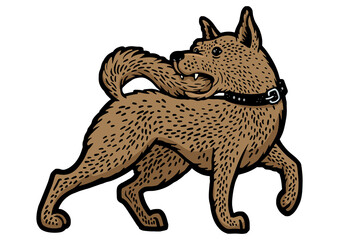 dog bites its tail color sketch engraving PNG illustration. T-shirt apparel print design. Scratch board imitation. Black and white hand drawn image.