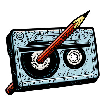 cassette tape pierced by red pencil clip art preview
