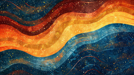 Abstract background with colorful waves, in the style of a retro design, dark blue and orange colors, grainy textured, starry sky