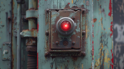 Close-up of a rusty, old industrial control panel with a glowing red button, indicating alert or emergency.