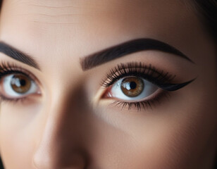 Fototapeta premium Portrait of a woman face, showcasing her eyes, nose. Her makeup is natural and subtle, highlighting her features. Beautiful large eyes with long black eyelashes, clearly defined black eyebrows. AI
