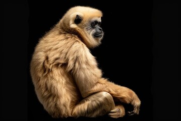 the beside view Eastern Hoolock Gibbon, left side view, isolated on black background