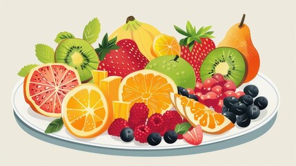Fresh fruit platter, assorted fruits, flat design illustration