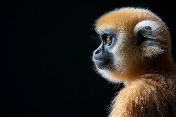 Obraz premium the beside view Lar Gibbon, left side view, isolated on black background