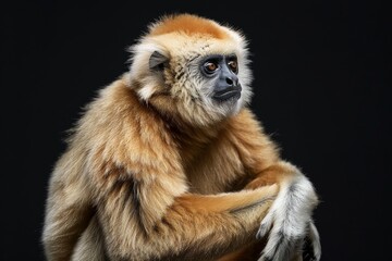 the beside view Northern White-cheeked Gibbon, left side view, isolated on black background