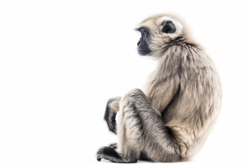 the beside view of a Eastern Crested Gibbon, left side view, isolated on white background