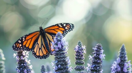 Monarch Butterfly Feeding on Anise Hyssop with Copy Space